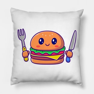 Cute Burger Holding Knife And Fork Pillow