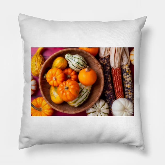 Wonderful Basket Full Of Small Pumpkins And Gourds Pillow by photogarry