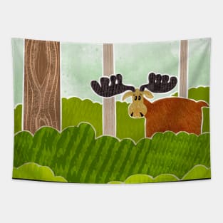 Cute Moose in the forest with large antlers and a curious look on its face. Tapestry