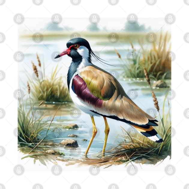 Colorful Red-Wattled Lapwing - Watercolor Bird by Aquarelle Impressions