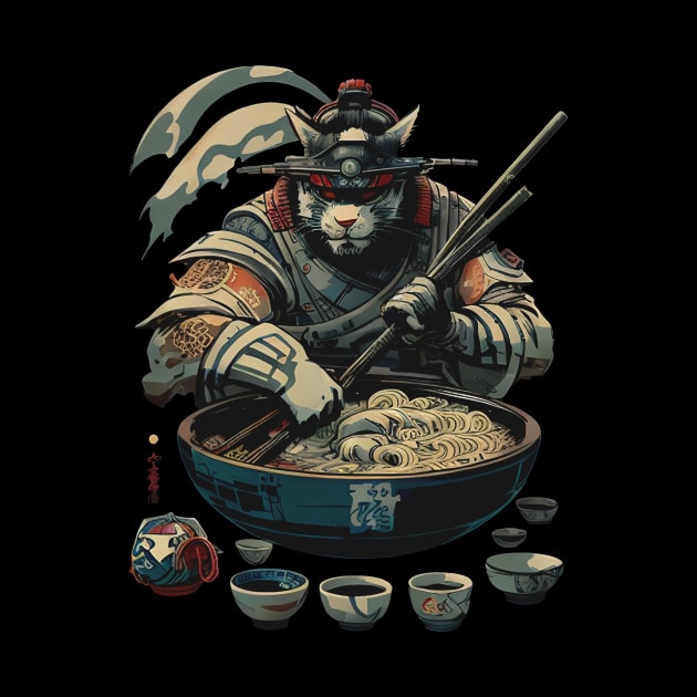 Samurai Cat Ramen Chef - Traditional Japanese Art by HideTheInsanity