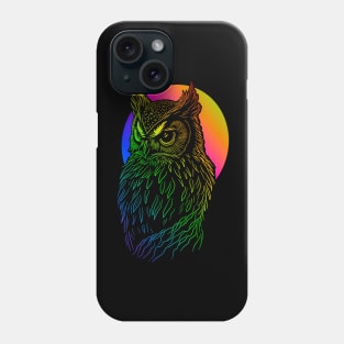 Rainbow colored owl with colorful full moon. Phone Case