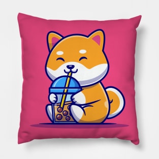 Cute Shiba Inu Dog Drink Milk Tea Boba Cartoon Pillow