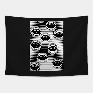 Small cute monsters peek out from the striped black and white pattern Tapestry