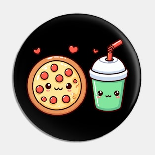 Kawaii Cute Food Illustration of a Pizza and a Milkshake | Cute Kawaii Art Design Pin