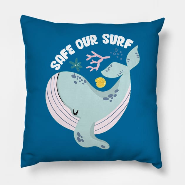 Safe our Surf quote with cute sea animal whale, starfish, coral and shell Pillow by jodotodesign