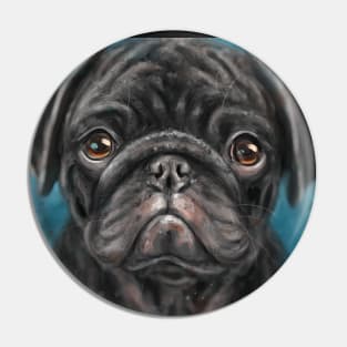 Contemporary Painting of a Young Black Pug with Gorgeous Innocent Expression on Blue Background Pin