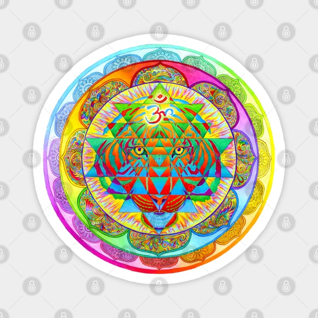 Inner Strength Psychedelic Tiger Sri Yantra Mandala Magnet by rebeccawangart