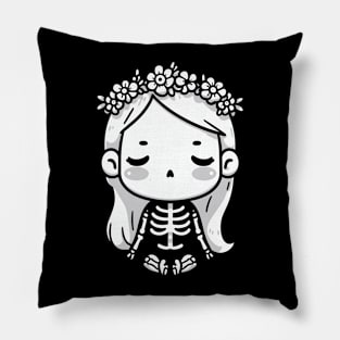 Cute Kawaii Girl in a Skeleton Costume and Doing a Yoga Pose | Skeleton Design Pillow