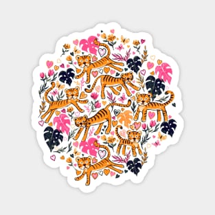 Happy Valentine Tigers with pink hearts and leaves Magnet