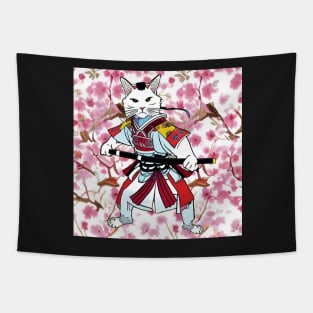 Haku Cat Samurai with Sakura! Tapestry