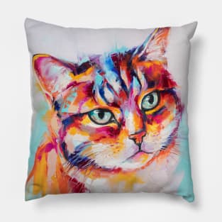 The portrait of a cat is painted in oil on canvas. Pillow