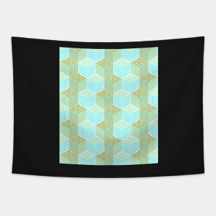 Cubes in teal and golden chevron Tapestry