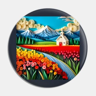 Swirly Quilled Fantasy Field of Multicolor Flowers and Mountains Pin