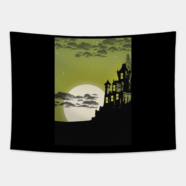 Moon Night Sky Spooky Haunted House Tapestry by saradaboru