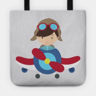 Pilot Boy, Airplane, Plane, Flying, Brown Hair Tote