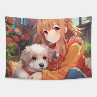 Anime Girl with a cute Dog #015 Tapestry