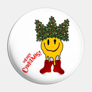 Smiley Face with Christmas Tree Hat and Christmas Stocking | Merry Xmas Pin