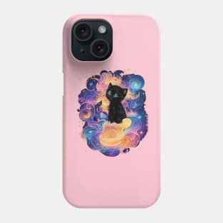 Night Magic: Black Kitten Sitting on Pink Clouds under a Starry Sky Phone Case