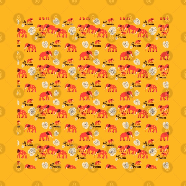 Elephant in the room: Retro style pattern of elephants and monstera leaves in bold red and yellow by PlanetSnark