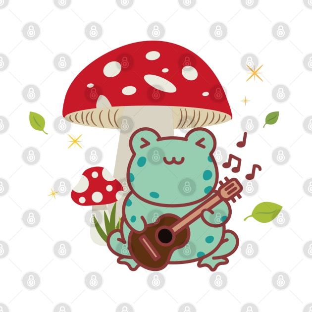 Cute Cottagecore Frog Playing the Guitar Mushroom by uncommontee