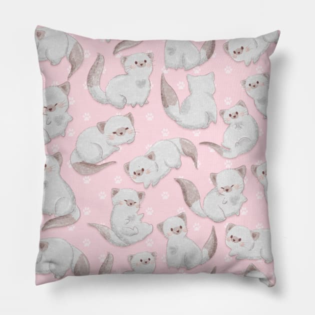 White Kitty Cat Patten and Paw Prints on Pink Pillow by Irene Koh Studio