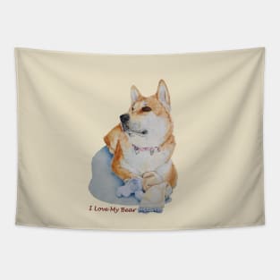 portrait of cute akita dog and teddy bear Tapestry