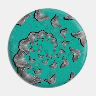 A swirl of gray butterflies on teal background Pin