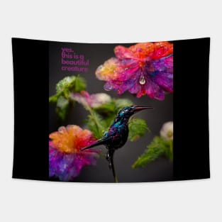 Beautiful black hummingbird - floral and bird theme Tapestry