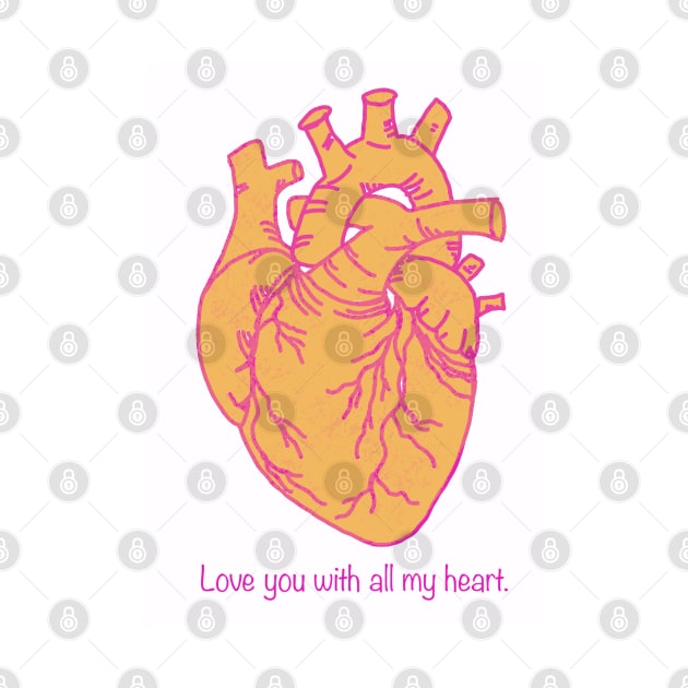 Love You With All My Heart, Pink and Orange Digital Illustration, Valentine's Day/ Anniversary Greeting by cherdoodles