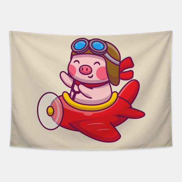 Cute Pig Riding Airplane Tapestry by Catalyst Labs