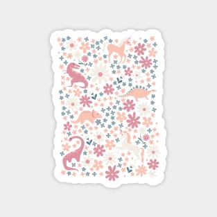 Floral Burst of Dinosaurs and Unicorns in Mauve + Peach Art Print Magnet