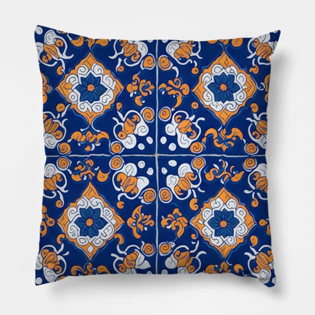 Majolica Tile Pattern in Blue, Orange and White Pillow by Capefox