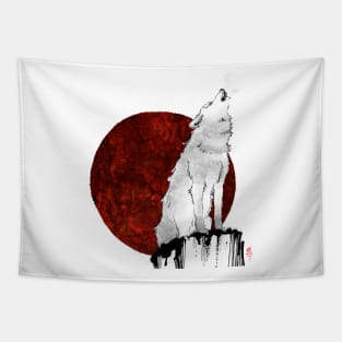 Wolf Red Moon Black line Tapestry