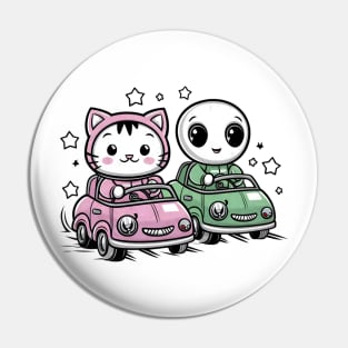 Cute kitty cat and alien in crazy cars Pin