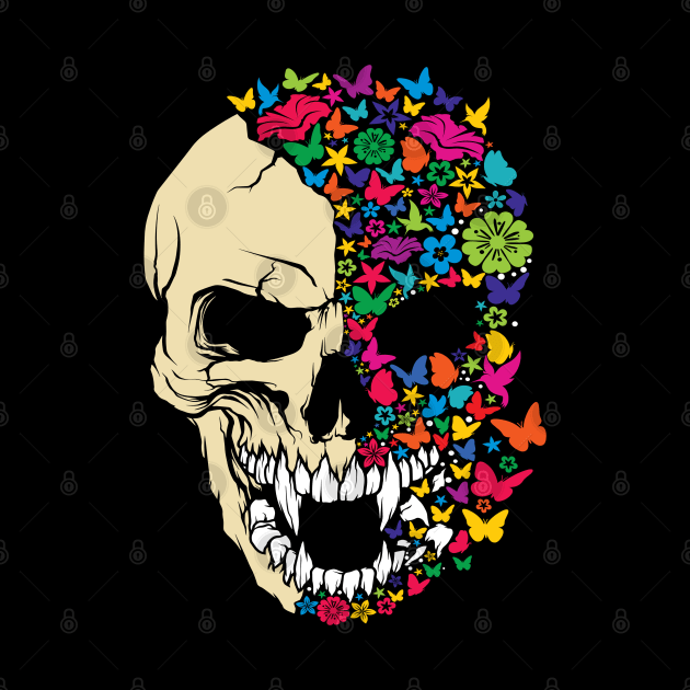 VAMPIRE SKULL COLORED WITH BUTTERFLYS AND FLOWERS by Velvet Love Design 