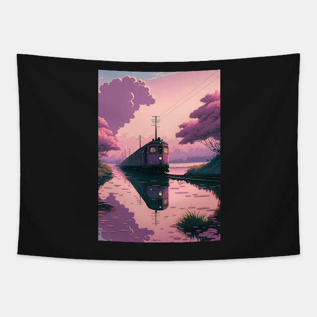 Retro Anime Style Old Japanese Train Tapestry by KaPrints