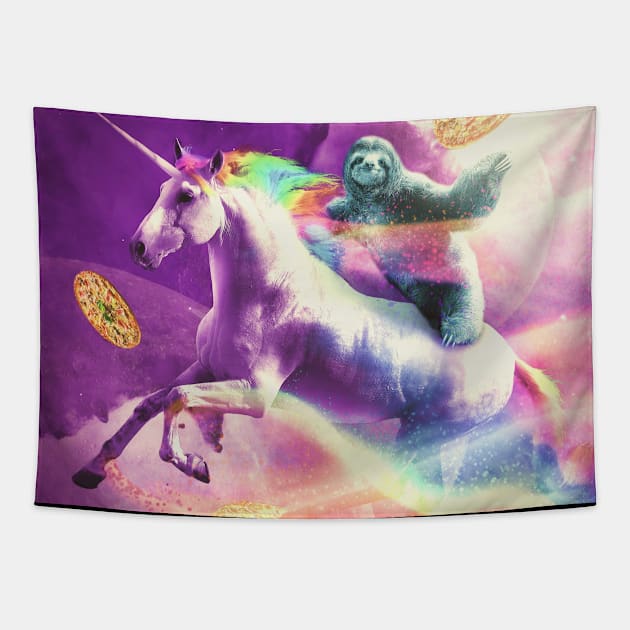 Space Sloth Riding On Flying Unicorn With Pizza Tapestry by Random Galaxy