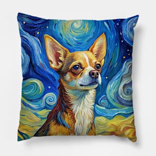 Chihuahua Dog Breed Painting in a Van Gogh Starry Night Art Style Pillow