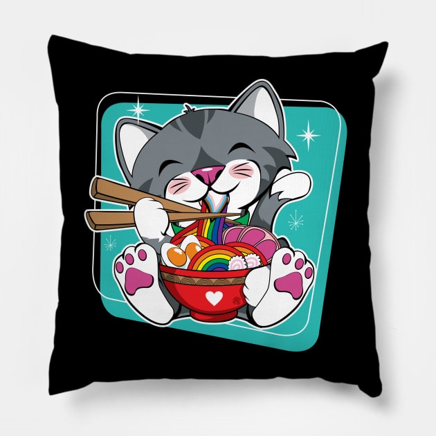 Cat Eating Ramen Pride Flag Pillow by CuddleswithCatsArt