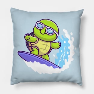 Cute Turtle Surfing In Sea Cartoon Pillow