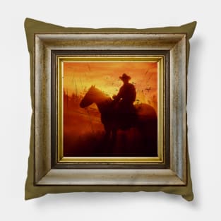 Silhouette Cowboy in retro vintage frame Pillow