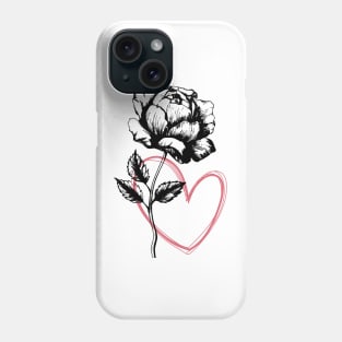 Rose Flower with Heart Black And White Botanical Illustration Phone Case