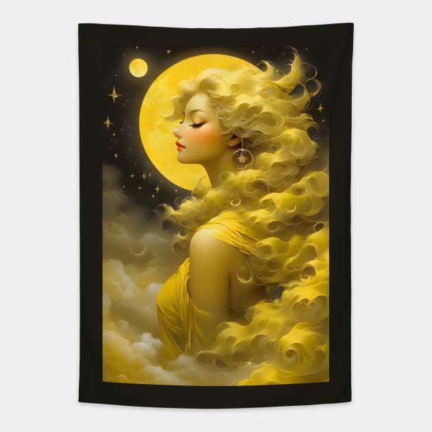 Yellow moon girl Tapestry by Spaceboyishere