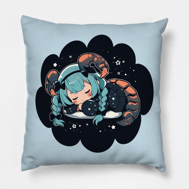 Adorable Anime Chibi Scorpio Zodiac Sleeping Little Astro Girl Pillow by The Little Store Of Magic