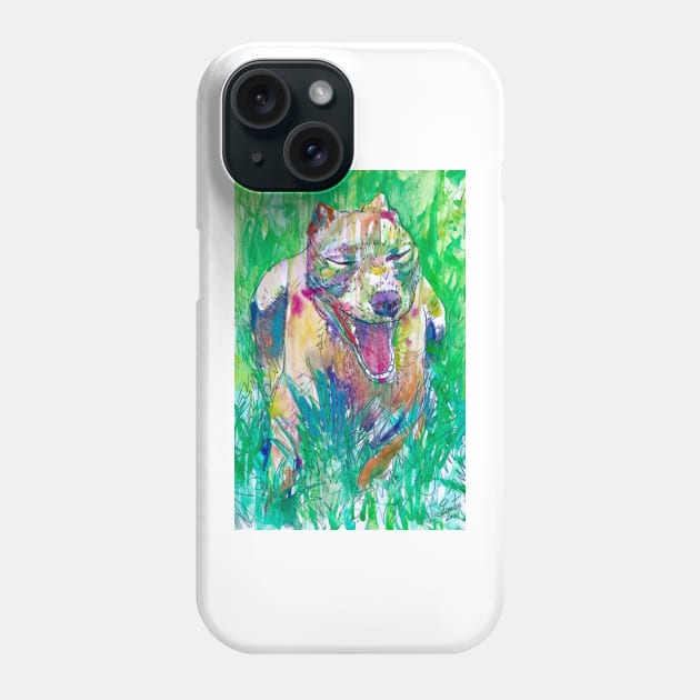 PIT BULL YAWNING IN THE GARDEN - watercolor portrait Phone Case by lautir