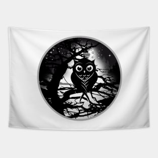 little owl sitting on a tree under a full moon Tapestry