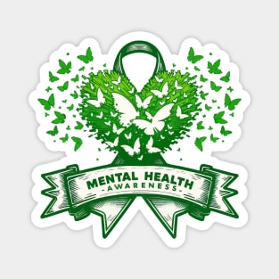 Mental Health Awareness Heart Butterflies Green Ribbon Magnet