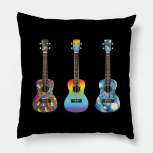 Three Ukuleles Colorful Textures Pillow