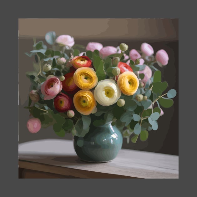 Ranunculus Flowers and Eucalyptus Leaves Still Life Painting by bragova